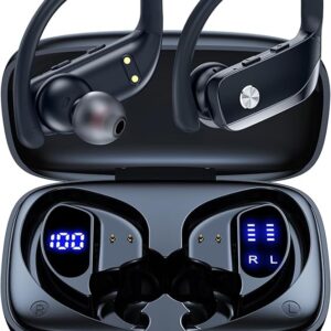 bmanl Wireless Earbuds Bluetooth Headphones 48hrs Play Back Sport Earphones with LED Display Over-Ear Buds with Earhooks Built-in Mic Headset for Workout Black