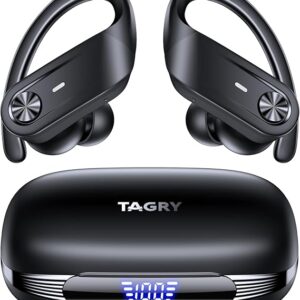 TAGRY Wireless Earbuds Bluetooth Headphones 80Hrs Playtime IPX7 Waterproof Digital Display Sport Ear Buds with Earhook Mic in-Ear Earphones Stereo Sound Earbud for Workout Running Exercise Gym Black